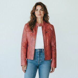 Alfani Genuine Leather Pink Snakeskin Moto Jacket Sz Small Statement Piece EUC